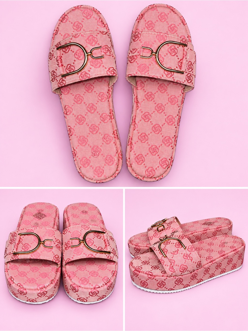 Pink Fashion Inspired Logo-Print Slide Sandals with Gold Buckle